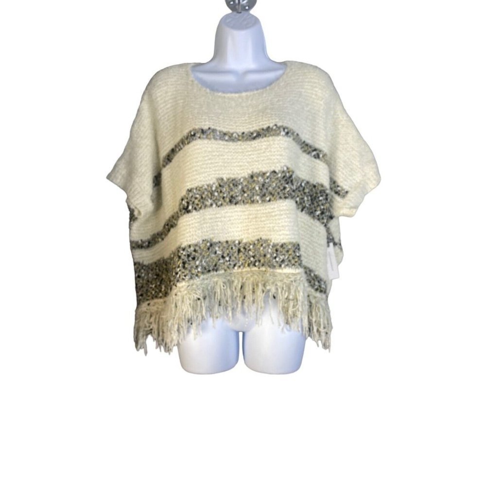 Anthropologie‎ Moth Womens Crewneck Metallic Fringe Poncho Sweater Oversize Sz M